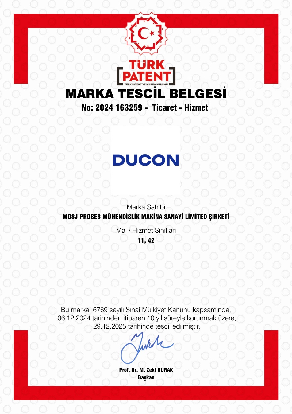 MDSJ Process DUCON® Tescilli Marka certificate